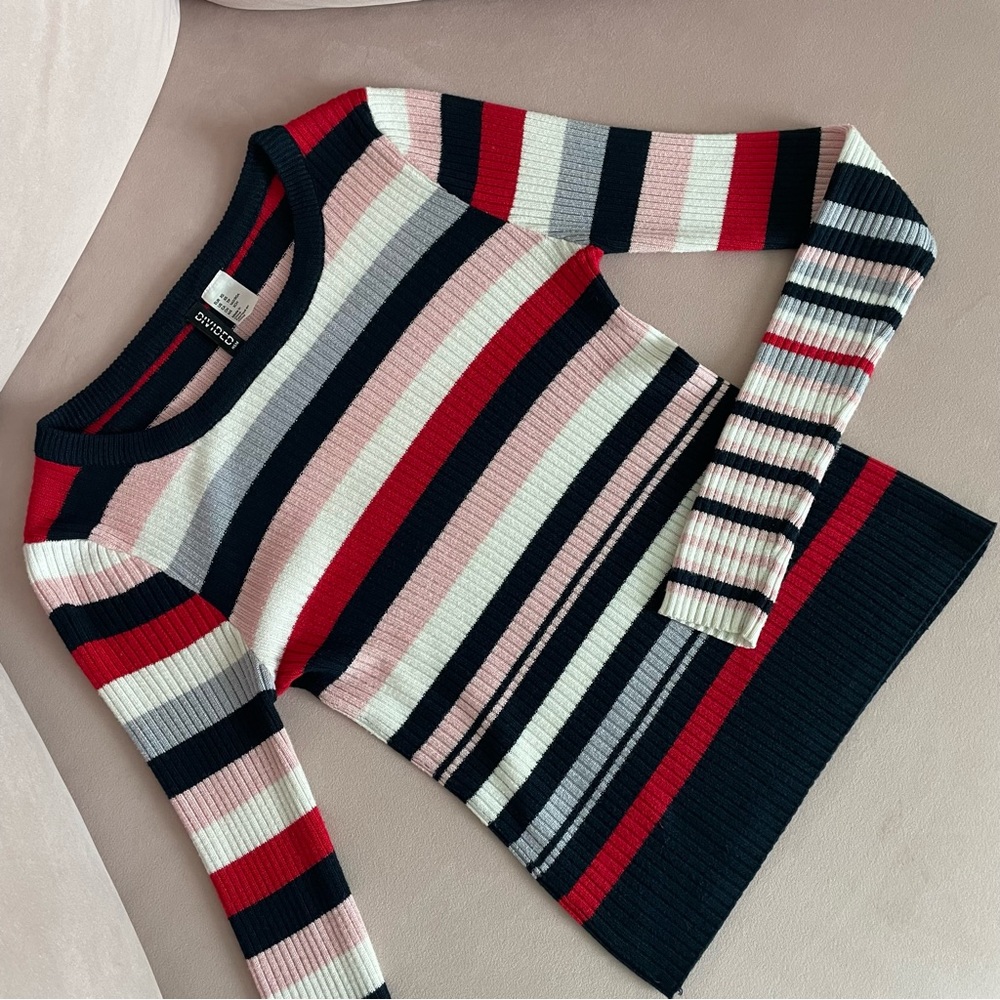 H&M Divided - Striped Ribbed Sweater - Navy / Red / White / Gray / Pink - XS